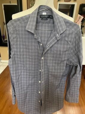 Lauren Ralph Lauren Grey and Blue Glen Plaid Dress Shirt